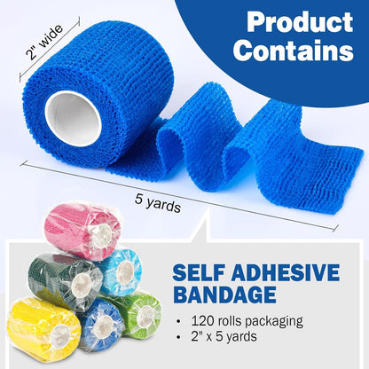 AZEN 120 Pack Self Adhesive Bandage Wrap, 2" X 5 Yards Elastic Cohesive Bandage Wrap, Color Athletic Tape, Vet Wrap, Ankle Tape