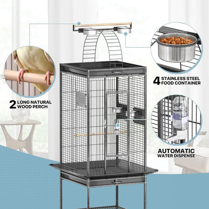 MoNiBloom 61 Inch Large Bird Cage with Rolling Stand, Wrought Steel Flight Birdcage w/Play Top for Parakeets Cockatiels Lovebird Budgie, Black