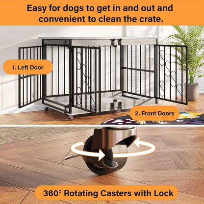 COZPAW Dog Crate Furniture, 48 Inch Dog Crates for Medium/Large Dogs, Farmhouse Wood Dog Kennel Indoor Heavy Duty Dog Cage with Caster Wheels (Gray)