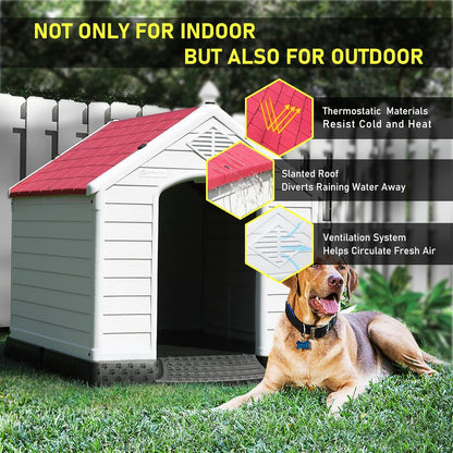 LEMBERI Durable Waterproof Plastic Dog House for Small to Large Sized Dogs, Indoor Outdoor Doghouse Puppy Shelter with Elevated Floor, Easy to Assemble (Red, 34''L*31''W*32''H)