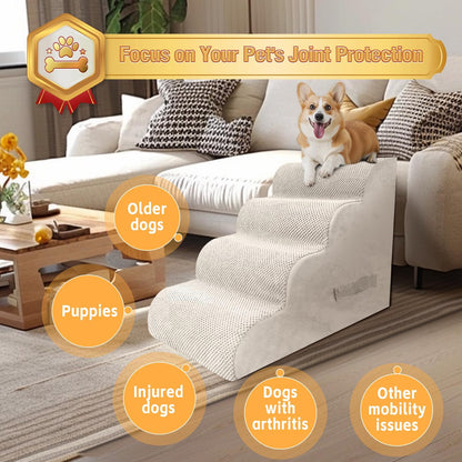 PAWSCART Dog Stairs for Small Dogs and Cats, 4-Step Dog Steps for Bed, 19.6" H Pet Stairs for High Bed, Pet Ramp for Couch, Sofa, Non-Slip Surface Removable Washable Cover, Beige