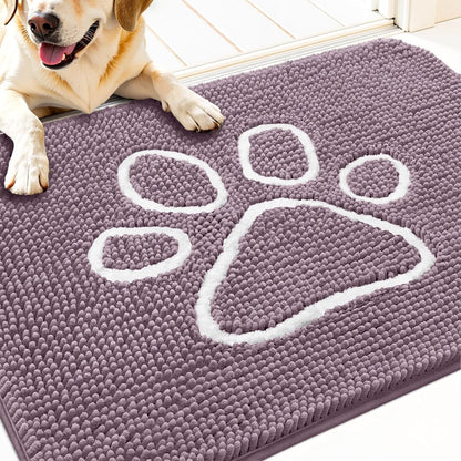 OLANLY Door Mat for Muddy Dog Paws 30x20, Absorbent Chenille Mud Doormat with Paw Print Design, Non-Slip Washable Doormat for Indoor Entryway, Quick-Dry Pet Bed Mats for Dirty Dogs, Deep Plum