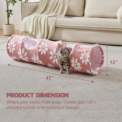 Straight Cat Tunnel for Indoor Cats 47"x12", Cute Cat Toys Collapsible Tunnel Tube with Balls for Puppy Kitten Rabbit, Pink Flower