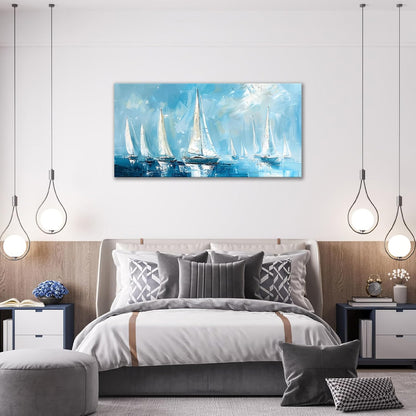 Large Blue and White Sailboat Wall Art Nautical Sails Canvas Living Room Ocean Pictures Framed Prints Oversize Wall Decor Painting Artwork for Bedroom Dining Office Home 60"x30"