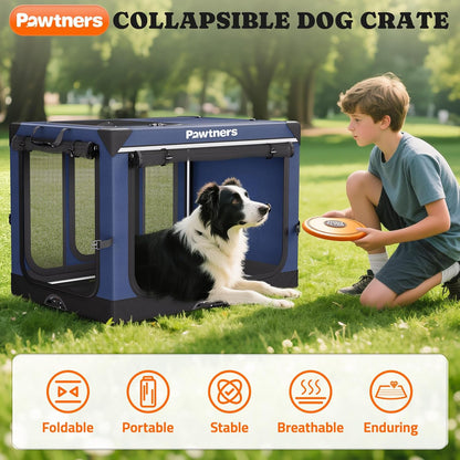 Collapsible Dog Crate: 38 Inch Foldable Soft Sided Dog Crate for Large Dogs, Portable Dog Travel Kennel with Soft Mat for Indoors & Outdoors, Blue (38" L x 27" W x 27" H)