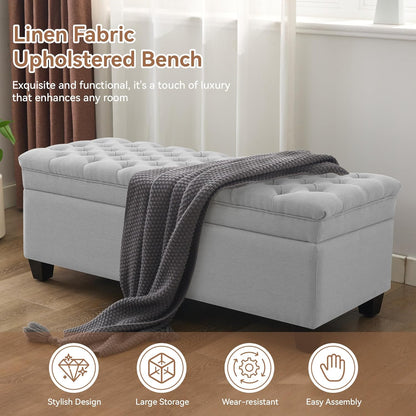 51" Fabric Storage Ottoman Bench, Upholstered Rectangle End of Bed Storage Ottoman Tufted Living Room Bedroom Bench with Safety Hinge, Solid Wood Legs, Loads 500 lb(Light Grey)