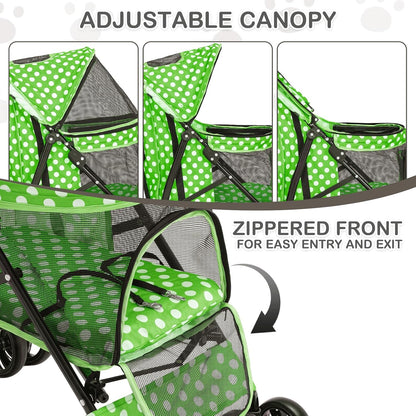 MoNiBloom 4 Wheels Pet Stroller, Easy-Fold Umbrella Shaped Dog Cat Jogger Stroller w/Storage Bag & Visible Mesh for Small/Medium Dogs Cats Lawn Green Polka Dots