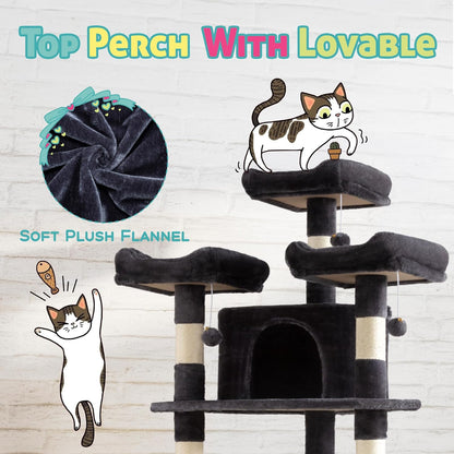 SHA CERLIN 73in Fan-Shaped Corner Cat Tower for Save Space/Multi-Level Tall Cat Tree for Indoor Kitties/Condo with Baskets/Cozy Perches/Sisal Scratching Posts/Pet Activity House/Dark Grey