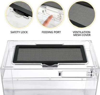 Reptile PC Terrarium,Anti Breakage 15x8x10inch Amphibians Insect Tank Gecko Starter Kits,Top Sliding Door Screen Ventilation Mini Isopod Habitat Cages,Hygrometer Thermometer,Hide Cave,Tweezer,Sprayer