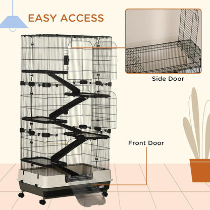 PawHut 59.5" Small Animal Cage with Wheels, 6-Level Portable Bunny Cage, Chinchilla Ferret Cage with Removable Tray, Platform and Ramp