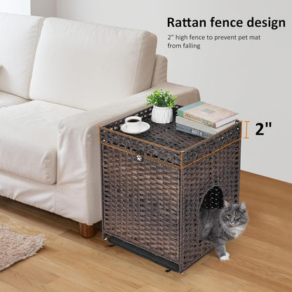 Cat Litter Box Enclosure with Soft Litter Mat; Hidden Cat Washroom Furniture with Door; Handwoven Rattan Cat House; Pet Crate for Living Room, Bedroom, Balcony (Brown)