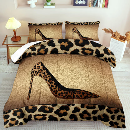 Leopard Comforter Set Twin Girls,Sexy High Heel Comforter for Women,Leopard Print Bedding Set Twin Adult,High Heel Quilt Bedroom Decor,African Animal Print Bedding Quilt