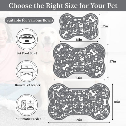 Dog & Cat Food Mat Bone Shaped Pet Feeding Mat Quick Absorb Water Bowl Placemat with Rubber Backing Indoor Floor Stain Resistant Pet Accessory Supplies (Dark Gray, 16x24 Inches)