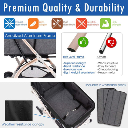 Lite Premium Light-Weight Dog/Cat/Pet Stroller Travel Carriage with Convertible Compartment/Zipper-Less Entry/1-Hand Quick Fold/Aluminum Frame for Small & Medium Pets (Black 2nd-Gen.)
