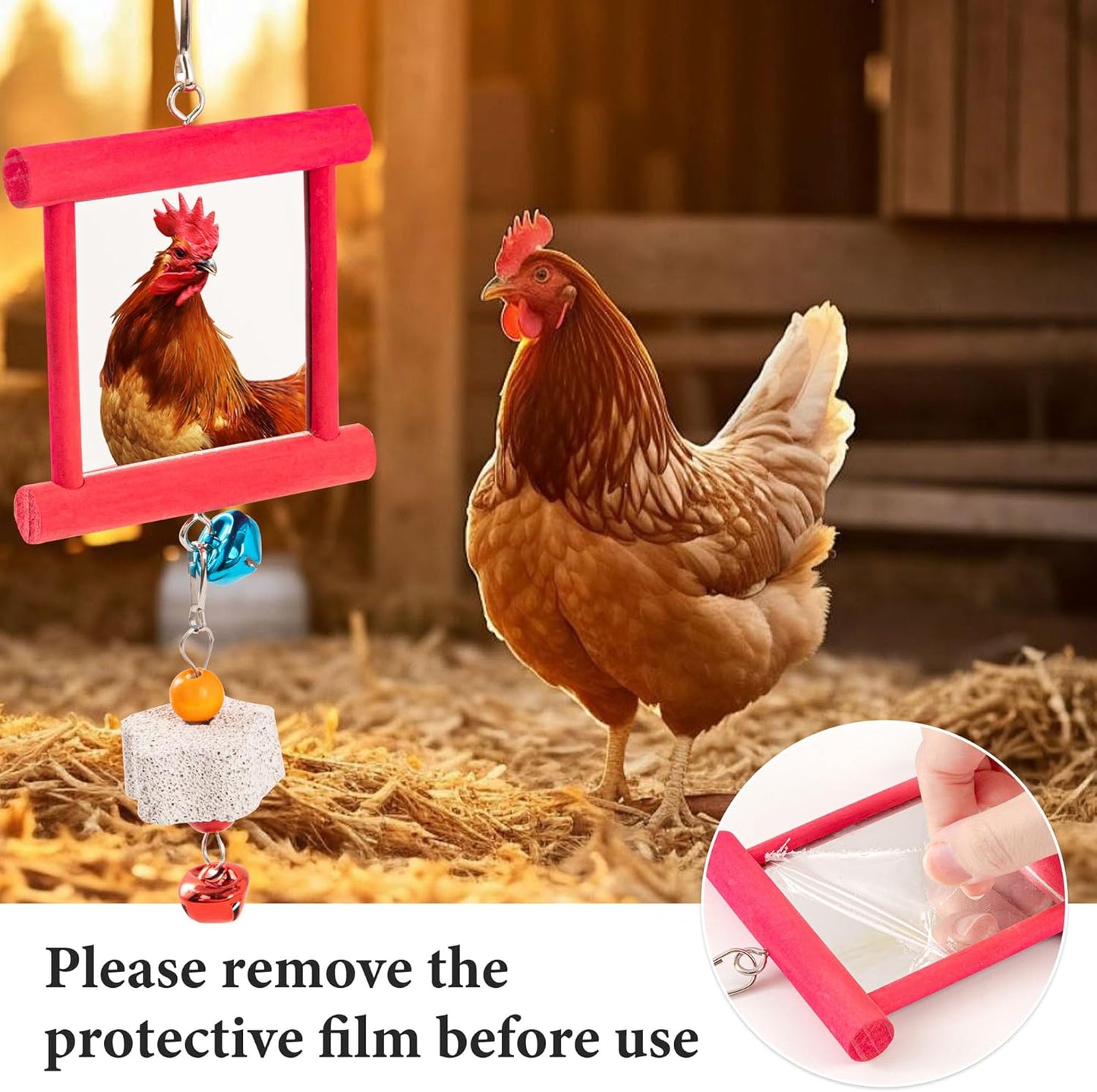 6 PCS Chicken Toys for Coop, 2PCS Chicken Mirror Toys 2 PCS Hanging Vegetable Fruits Feeders and 2 PCS Beak Grinding Molar Stones with Bell for Hen Birds Parrots