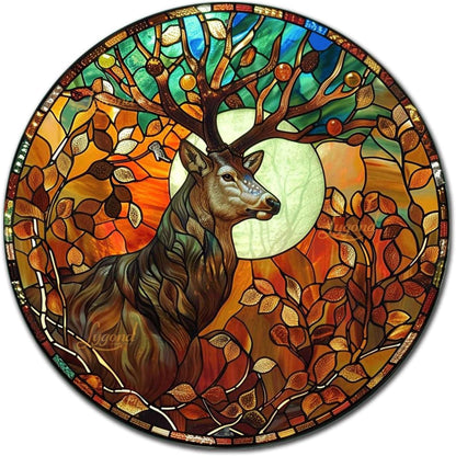 Lygond Metal Sign Tin Sign Circular Stained Glass Deer Vintage Metal Sign for Garage 8×8 Inches