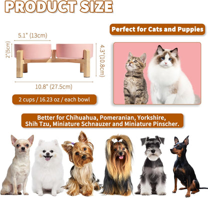 Elevated Ceramic Dog Bowl Set - Raised Feeding Bowls with Non-Slip Bamboo Stand - Small Pet Dishes for Food and Water - Ideal for Cats and Puppies - 16.23 OZ - 2 Cups - 480 ML