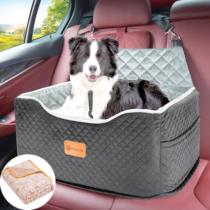 Memory Foam Booster Dog Car Seat for Medium Dogs (Under 45LBS): Elevated, Detachable Washable, Anti-Slip, for Car Back Seat, Travel Pet Bed with Seat Belt
