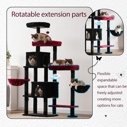 Hey-brother Cat Tree Tower, Scratching Posts with a Extended Part, Wide Platforms, Cozy Condos, Hammocks, Sisal Columns and Ball for Indoor Cats, 70.1 Inches, Black and Red MPJ038BR