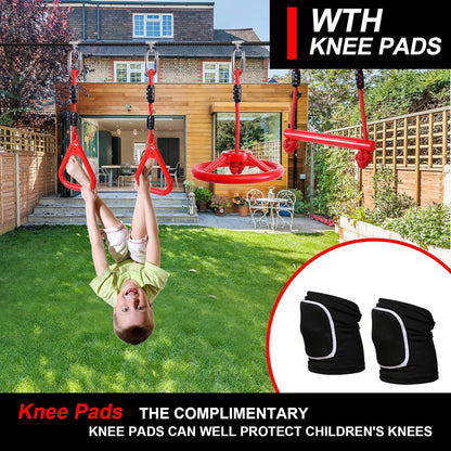 Ninja Warrior Obstacle Course for Kids Backyard with A Pair of Knee Pads, 60’ Ninja Slackline and Slackline Protective Tube with Unique Obstacles Climbing Net, Ninja Wheel, Monkey Bars, Gym Rings