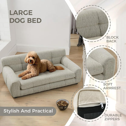Dog Couch Bed, Mini Sofa for Dogs with Backrest and Armrest, Durable Pet Sofa with Soft Foam Cushion, Elevated Dog Couch Bed with Legs for Medium and Large Dogs, Beige