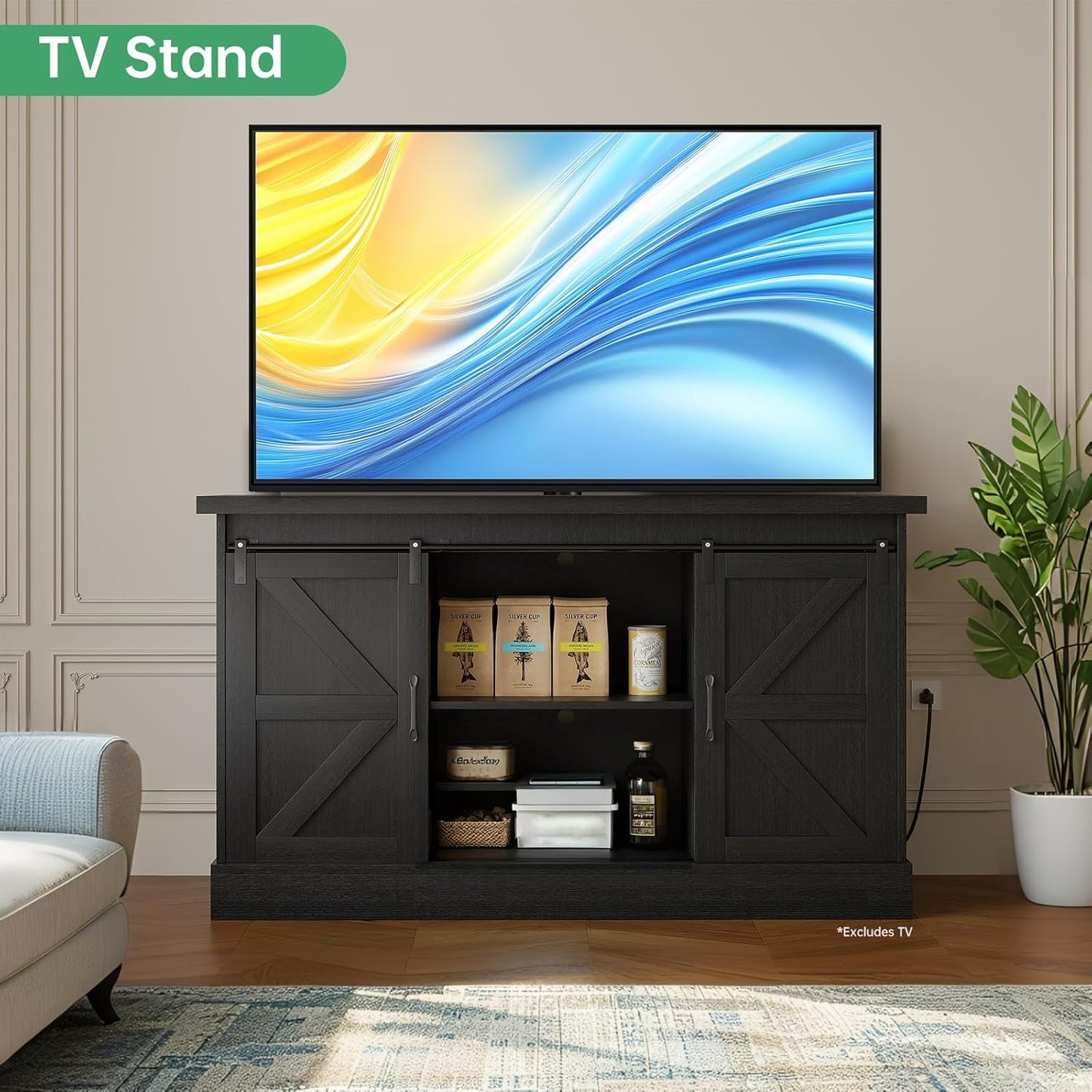 Fish Tank Stand Up to 75 Gallon, Aquarium Stand with Sliding Barn Doors & Power Outlet, Black Farmhouse Style Stand with Cabinet Storage for Fish Tank, Turtle Tank, Reptile Terrarium,1000LBS Capacity