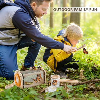 Wooden Bug Catcher for Kids, 8-in-1 Insect Exploration Set with Butterfly Net, Magnifying Glass, Bug Habitat, Tweezers, Compass,Outside Toys for Toddlers