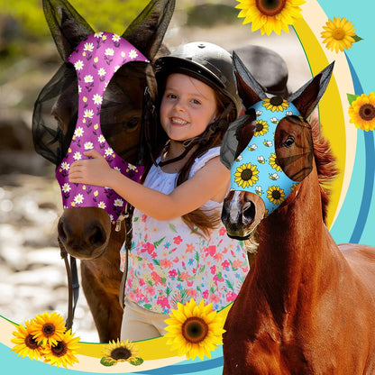 Chunful 6 Pcs Horse Fly Masks with Ears Smooth and Comfortable Cashel Mesh Fly Mask Elasticity Breathability UV Protection Horse Face Covering for Riding Supplies(Floral,Medium)