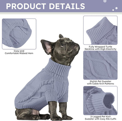 Queenmore Small Dog Pullover Sweater, Cold Weather Cable Knitwear, Classic Turtleneck Thick Warm Clothes for Chihuahua, Bulldog, Dachshund, Pug, Yorkie (Grey, Small)