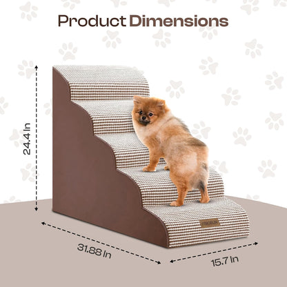 Curved Dog Stairs for High Bed Up to 26", 5-Step Dog Ramp for Small Dogs with Washable Cover, Non-Slip Steps for Cats to Get on Couch and Sofa, Durable Foam Ladder for Medium Breeds, White Coffee