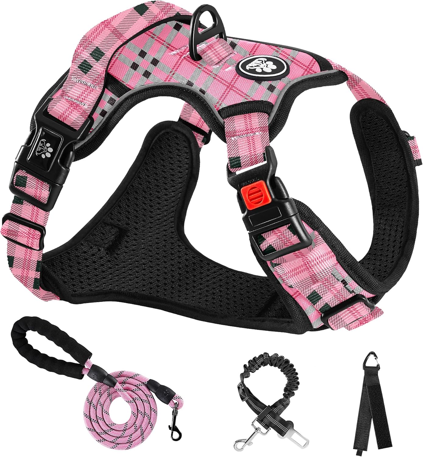 NESTROAD No Pull Dog Harness with Leash, Reflective No Choke Pet Vest Harness,Adjustable Soft Padded Dog Harness with Easy Control Handle for Large Dogs(Checkered Pink,Large)