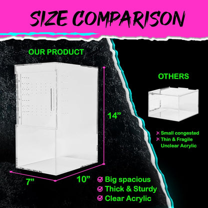 Tarantula Enclosure XL (10”x7”x14”) Reptile Terrarium w/Sliding Magnetic Door-Great Reptile Tank for Terrestrial or Arboreal Animals- Acrylic Terrarium for Juvenile or Adult Spiders- Hermit Crab Cage