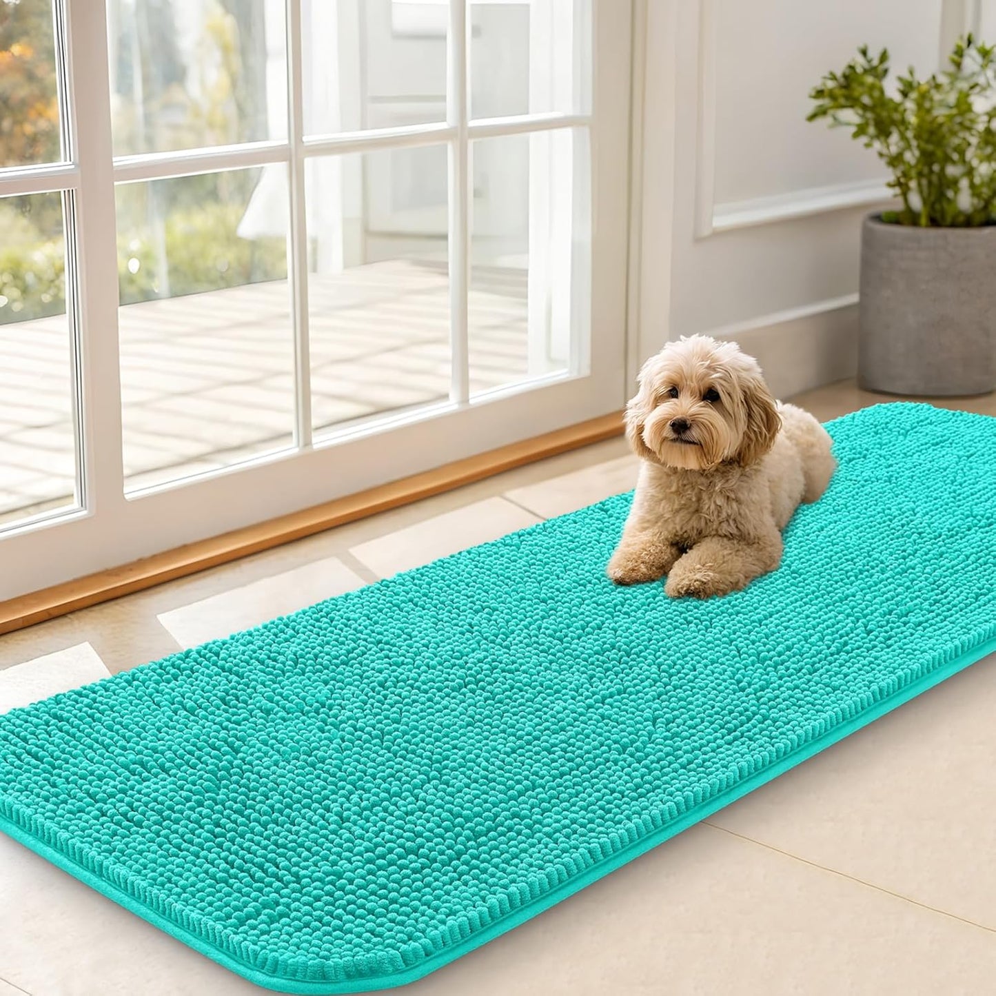 OLANLY Dog Door Mat for Muddy Paws 59x20, Absorbs Moisture and Dirt, Absorbent Non-Slip Washable Doormat, Quick Dry Chenille Mud Mat for Dogs, Entry Indoor Entryway Carpet for Inside Floor, Teal