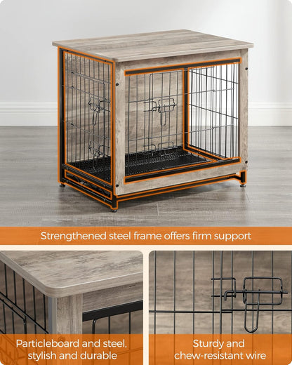 Feandrea Dog Crate Furniture, 27.2" Side End Table, Modern Kennel for Dogs Indoor up to 30 lb, Heavy-Duty Dog Cage with Multi-Purpose Removable Tray, Double-Door Dog House, Greige UPFC001G01