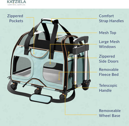 Katziela Pet Carrier - Airline Compliant Dog Carrier - TSA Approved Pet Carrier for Small Dogs and Cats - Soft FAA Travel Airplane Dog Carrier Luggage (Blue/Brown-6 Wheels)