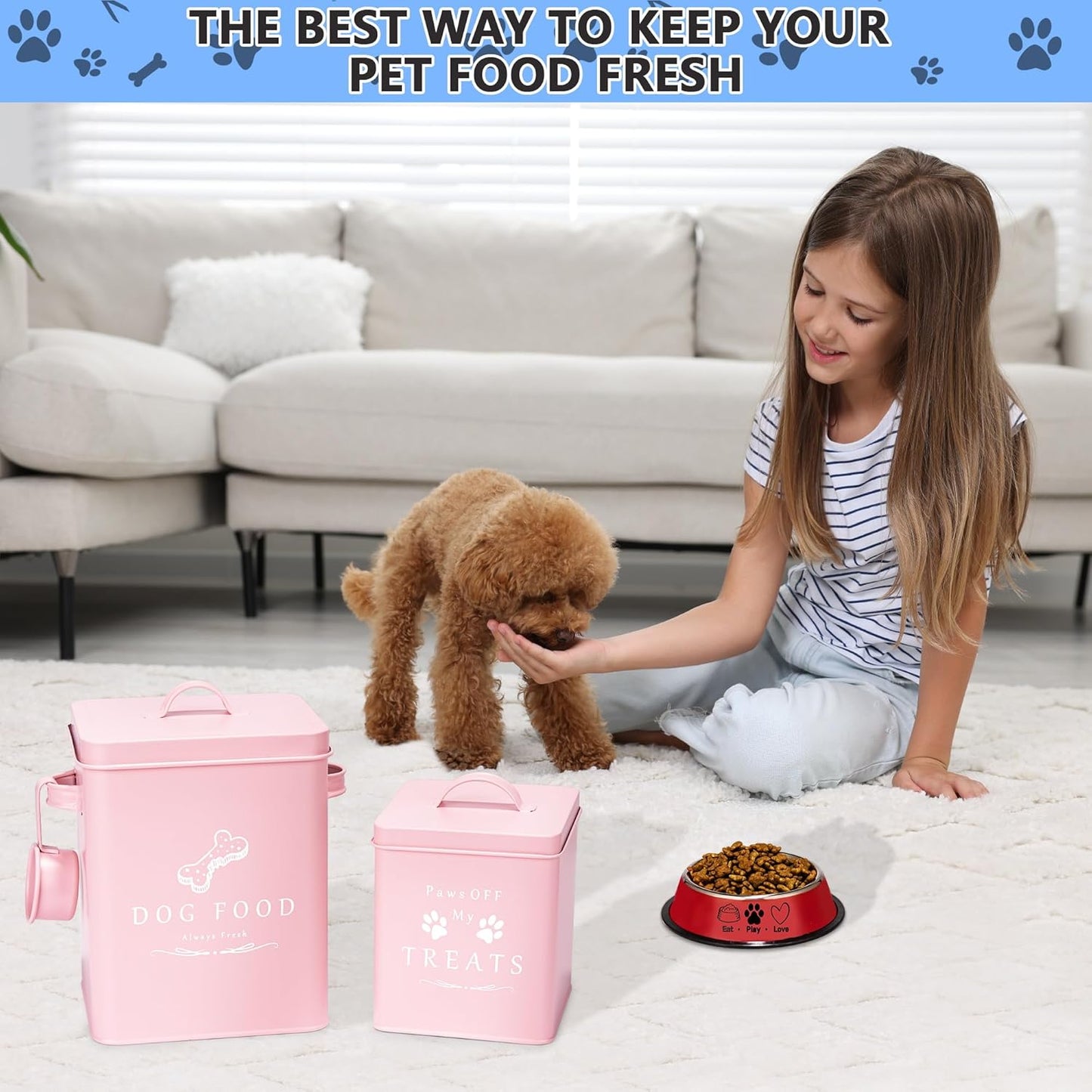 Meraki Home Small Dog Food Container and Dog Treats Container - Tight Lids - Feed Scoop and Pet Food Bowl - Farmhouse Metal Storage Bin - Matte Pink