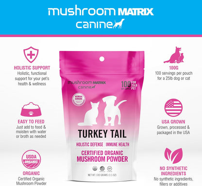 Om Mushroom Matrix Pet - Canine | Turkey Tail | USA Grown Human-Grade Organic Mushroom Powder Pet Supplement | Immunity Support & Holistic Defense for Dogs & Cats | 100 Grams, 3.5 oz