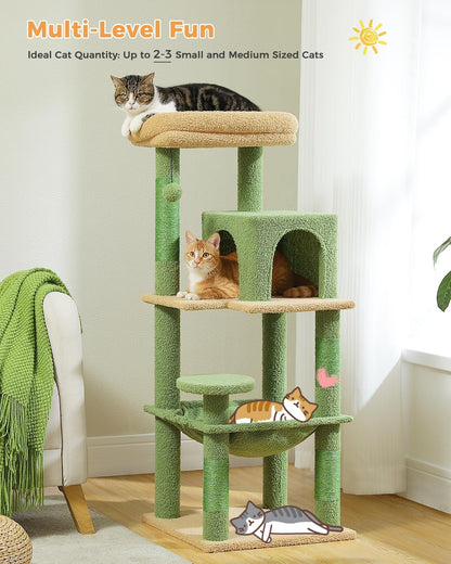 Cactus Cat Tree for Indoor Cats, 45.7" Multi-Level Cat Tower with Large Metal Frame Hammock, Cat Condo with 4 Scratching Posts and Top Perch, Green