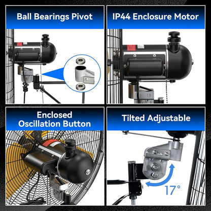 Pro 9500 CFM 24" Outdoor IP44 Waterproof Wall Mount Fan, 3-Speed Oscillating Metal Fans with Enclosure Motor, Heavy Duty Wall Fan for Patio, Warehouse, Garage, and Jobsite