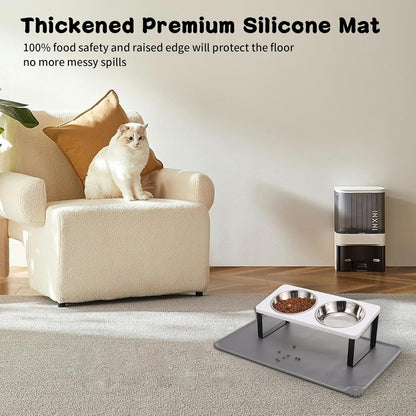 Upgraded Elevated Cat Bowls with Food Mat,15°Tilted Stand Anti Vomiting Raised Cat Dishes for Food and Water,2 Stainless Steel Bowls for Cats and Puppy（White）