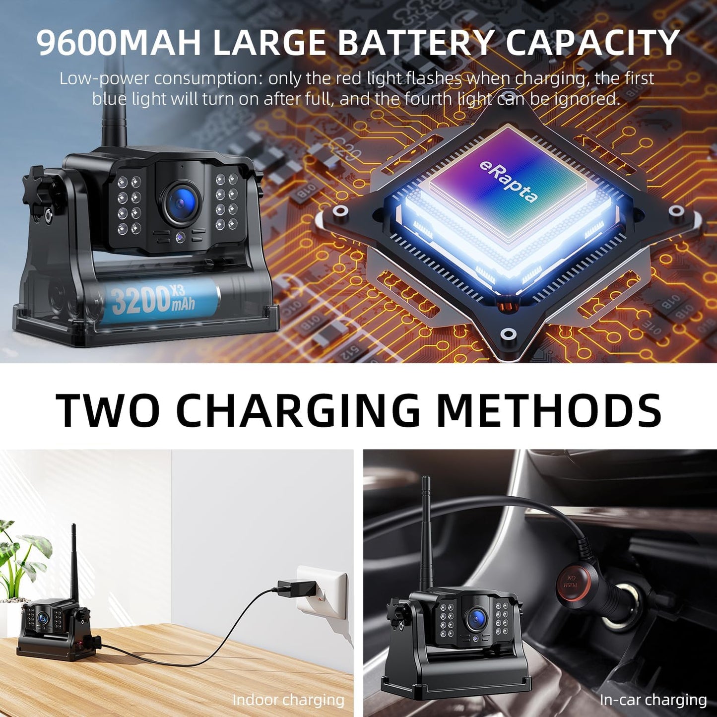 eRapta Magnetic Wireless Backup Camera Kit with HD1080P 7??DVR Monitor, Dual RV/Trailer/Truck/Tractor Cameras Wireless System, No Wiring, 9600mAh Rechargeable Battery, IR Night Vision-ACT702