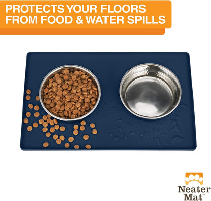 Neater Pet Brands Neater Mat Pet Mats for Food and Water, Cat & Dog Bowl Mat Waterproof Silicone, Feeding Tray, Dog Food Mats for Floors, Placemat w/Raised Edge for Under Bowls, 19” x 12”, Dark Blue