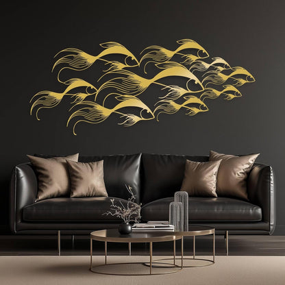 School of Fish Metal Wall Art, Metal Fish Wall Decor, Sea Life Wall Art, Large Nautical Wall Hanging, Modern Beach House Wall Decor, Ocean Themed Artwork for Bathroom (Silver, 24"x10" | 60x25cm)