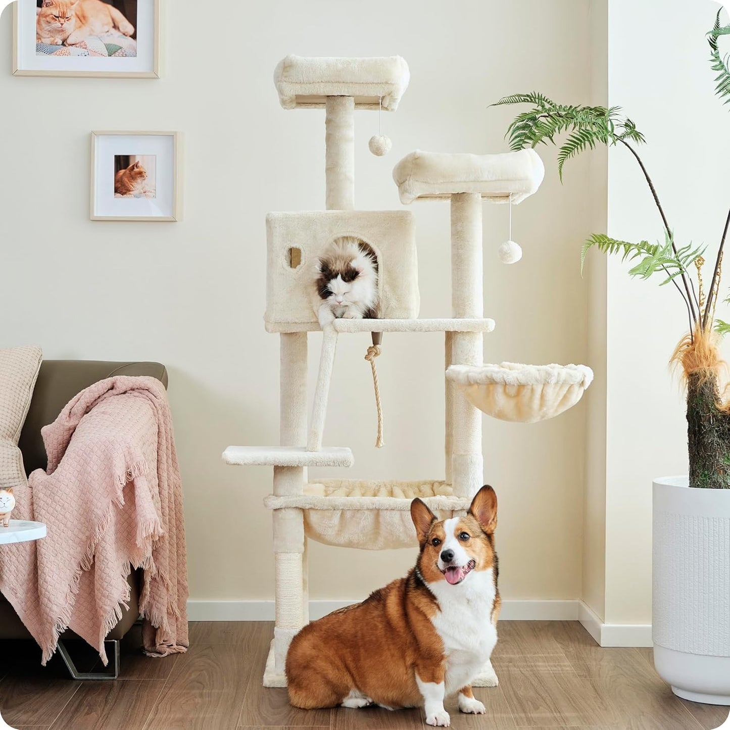 Ouritsu Cat Tree, 56 inch Tall Cat Tower for Large Cat Indoor, Large Condo, 2 Padded Perches, Steel-Framed Hammock, Scratching Post and ramp, Fluffy Basket, Beige, LF001WH