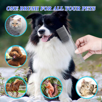 Dog Comb and Cat Combs Stainless Steel Teeth, Grooming Tool for Long & Short Hair, Dematting Comb for Dogs, Removes Tangles & Knots (Small Silver)