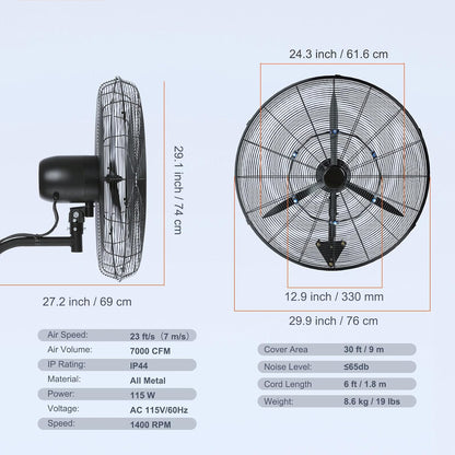 VEVOR 24 Inch 3-Speed 7000 CFM Black Waterproof Wall Mount Oscillating Fan