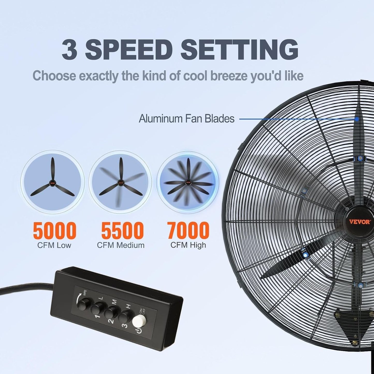 VEVOR 24 Inch 3-Speed 7000 CFM Black Waterproof Wall Mount Oscillating Fan