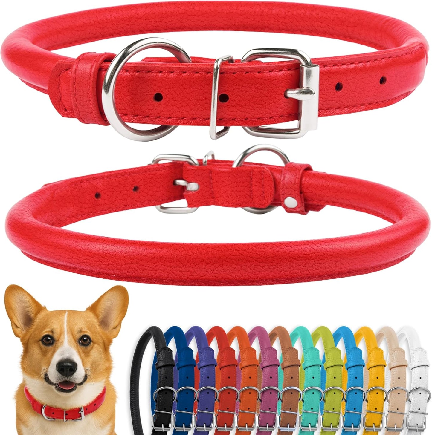 CollarDirect Rolled Leather Dog Collar, Soft Padded Round Puppy Collar, Handmade Genuine Leather Collar Dog Small Large Cat Collars 13 Colors (13-16 Inch, Red Textured)