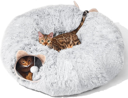 Cat Tunnel with Cat Bed for Indoor Cats, Under Christmas Tree Soft Plush Peekaboo Cat Cave Donut Tunnel, Multifunctional Playground Toys Hideplace for Kittens, Rabbit, Ferret (Grey)