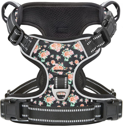 Timos Dog Harness, 3 Snap Buckles No-Pull Soft Padded Dog Vest with 2 Metal Leash Clips,Adjustable Reflective No Choke Pet Harness with Easy Control Handle for Small Dogs,Black Rose,S